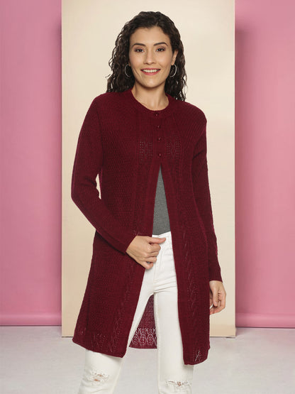 Wool Blend Round Neck Mehroon Long Shrug