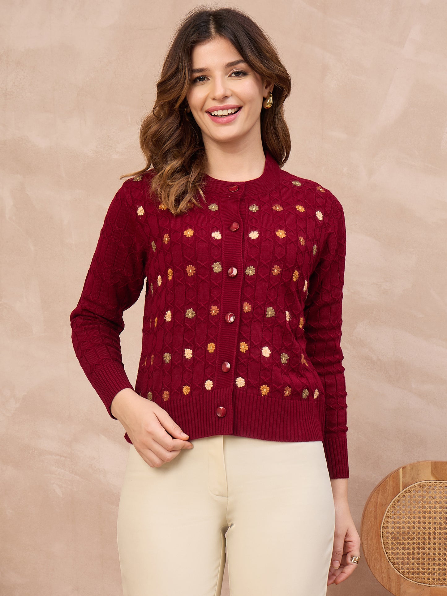 Floral Embroidered Honeycomb Cable-Knit Cardigan