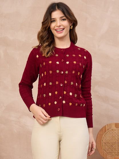 Floral Embroidered Honeycomb Cable-Knit Cardigan