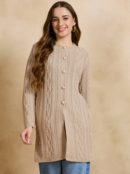 Clapton Cable Knit  Design Woolen  Longline Cardigan Sweater for women and Girls BEIGE