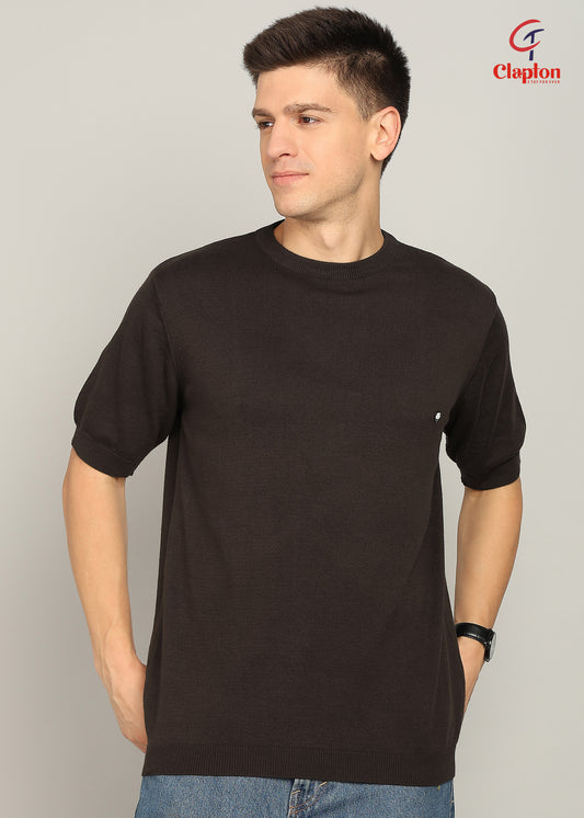 Clapton Men Knitted  Cotton Summer Wear Round Neck Half Sleeve T-Shirt COFEEE