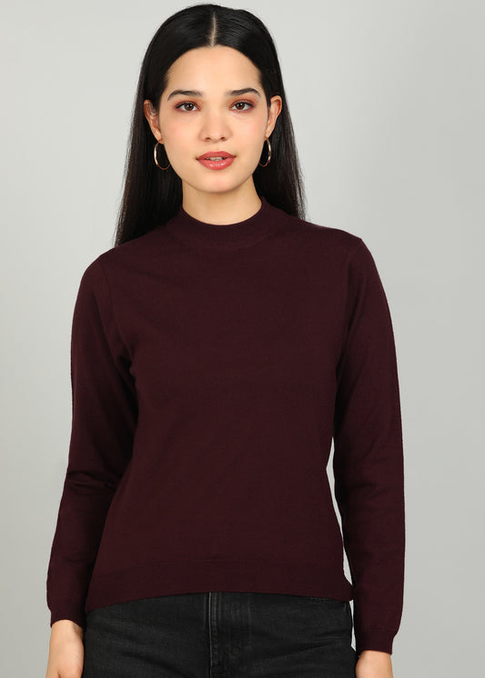 Women Solid Color Round Neck Viscose T-Shirt Wine