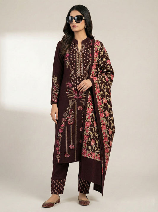 Clapton Embroidered  wool blends for winter wear Straight-fit kurta with trousers and a dupatta (shawl) WINE