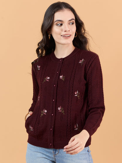 Clapton Floral Embroidered Full  Sleeve Cardigan Sweaters for Women Girls Maroon