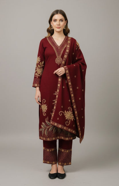 Clapton Embroidered Straight Kurta Pant With Dupatta Set Maroon