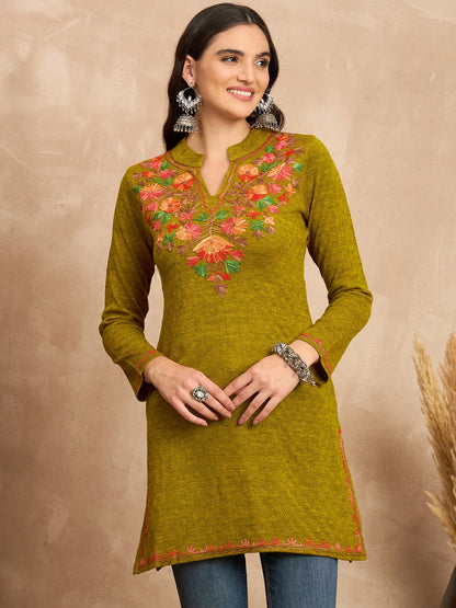 Women Multicolor Embroidered woolen Blend  Kurta Gold Winter Wear