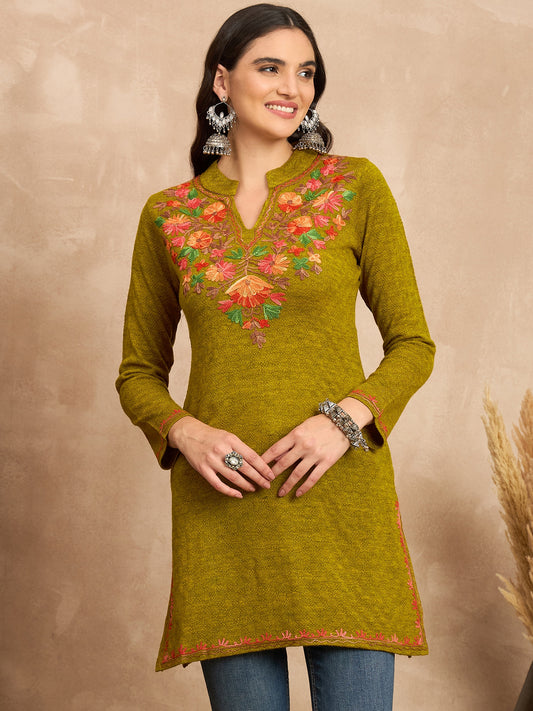 Women Multicolor Embroidered woolen Blend  Kurta Gold Winter Wear
