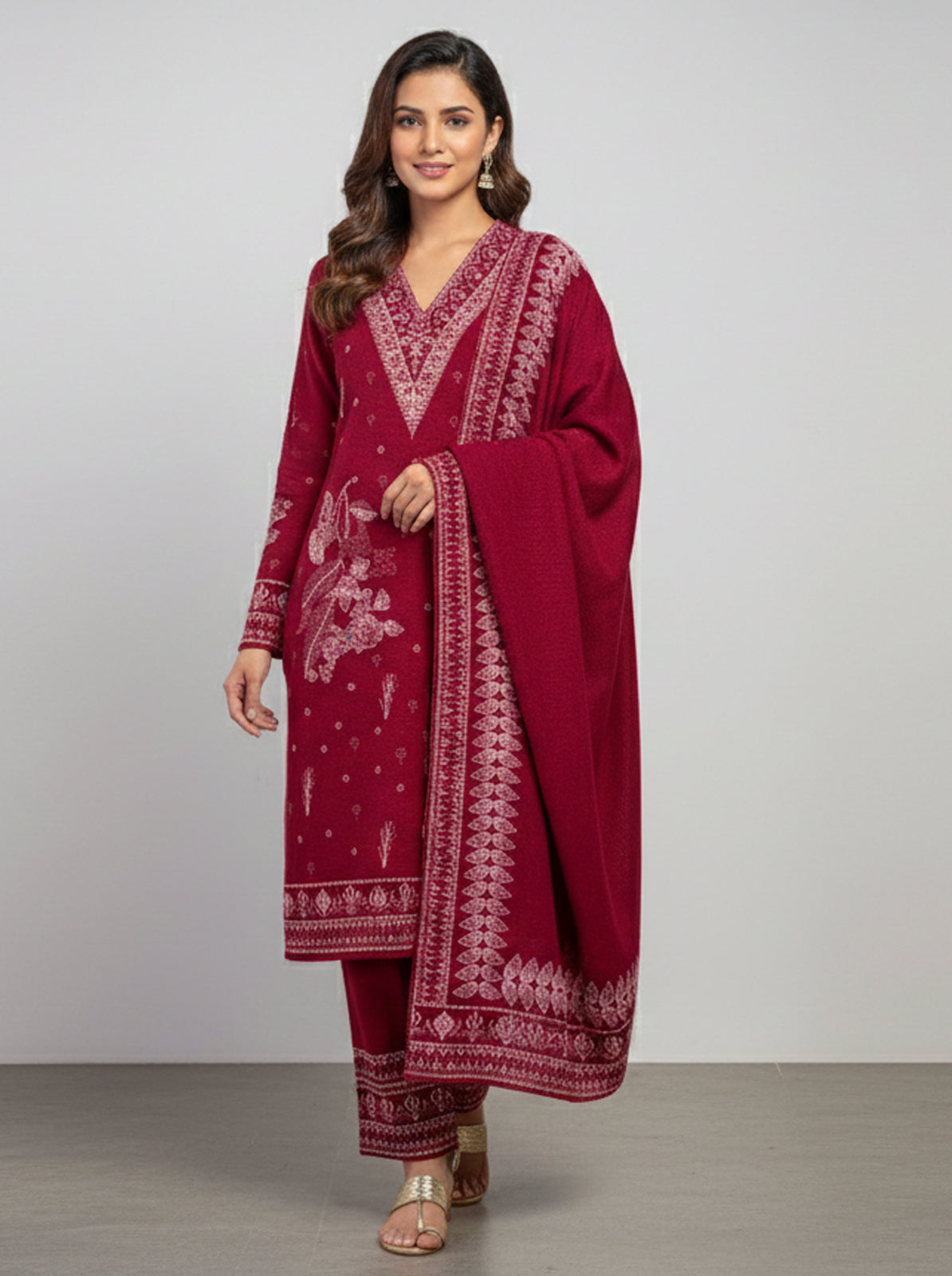 Embroidered wool blends for winter wear Straight-fit kurta with trousers and a dupatta (shawl) Red