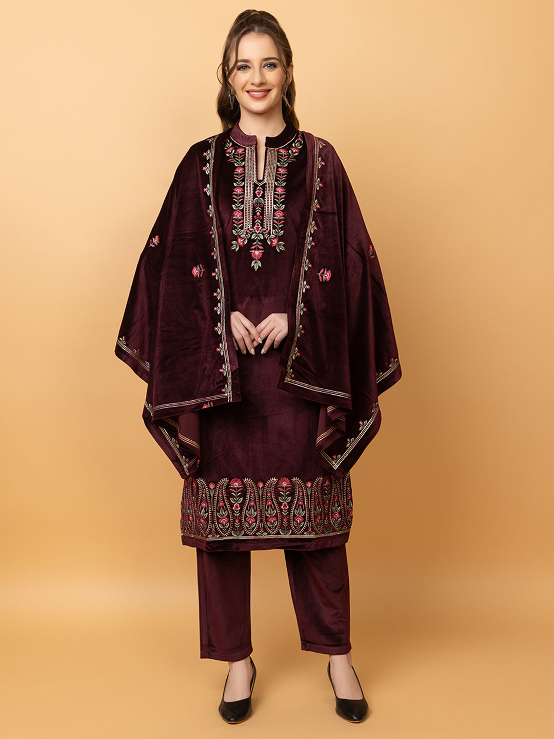 Velvet Embroidered Winter Wear Embroidered Straight Kurta Pant With Dupatta Set Maroon