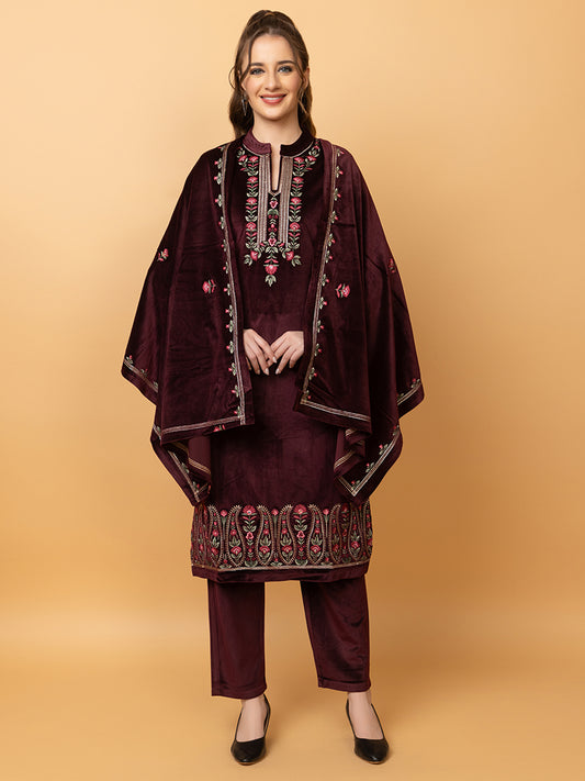 Velvet Embroidered Winter Wear Embroidered Straight Kurta Pant With Dupatta Set Maroon
