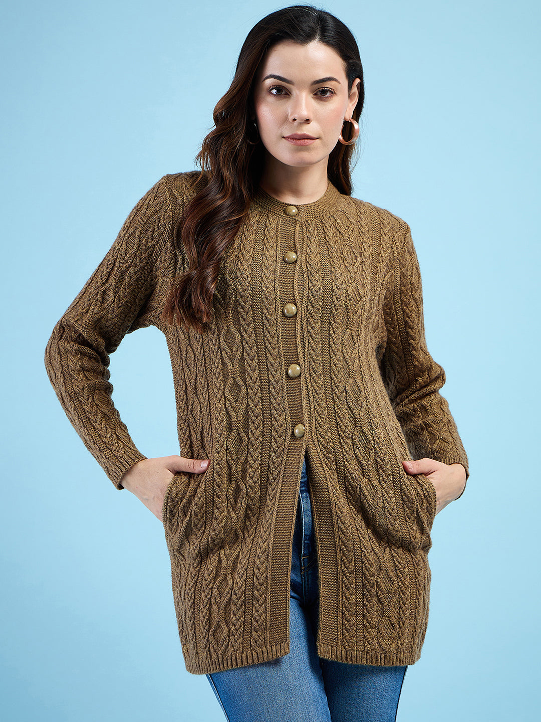 Clapton Cable Knit  Design Woolen  Longline Cardigan Sweater for women and Girls Brown