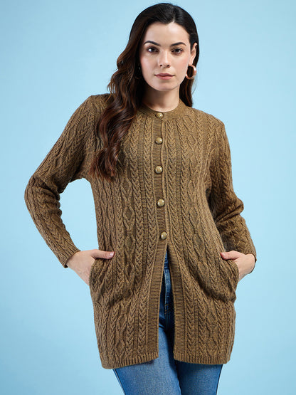 Clapton Cable Knit  Design Woolen  Longline Cardigan Sweater for women and Girls Brown