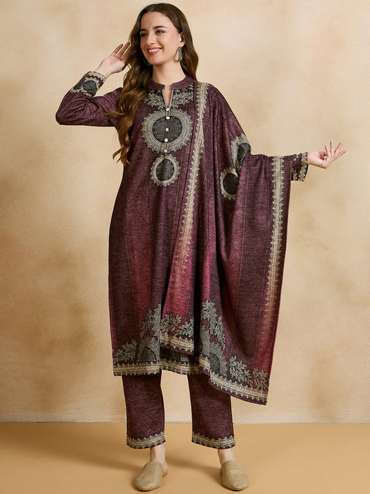 Clapton Printed Work Straight Kurta Pant With Dupatta Set Maroon