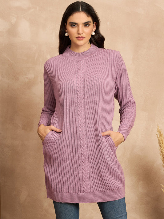 CLAPTON Women’s Wool Blend Ribbed Knit Tunic Sweater with Mock Neck & Full Sleevees Pink