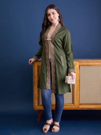 clapton MEHNDI Pure Wool Long Jacket from Kashmir with Paisley Aari Embroidery on Border (Copy)
