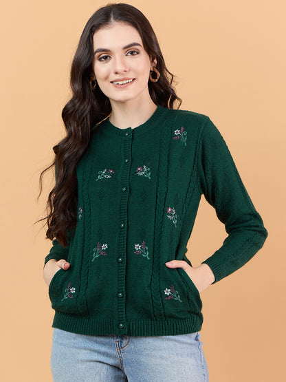 Clapton Floral Embroidered Full  Sleeve Cardigan Sweaters for Women Girls Green