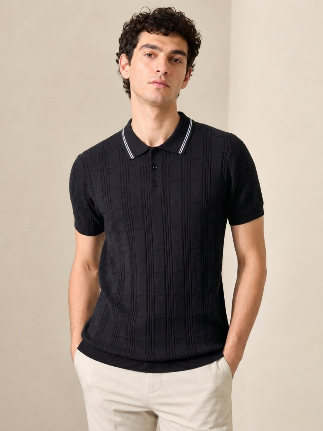 Clapton Men Knitted  Cotton Summer Wear Polo Neck Half Sleeve T-Shirt BLACK