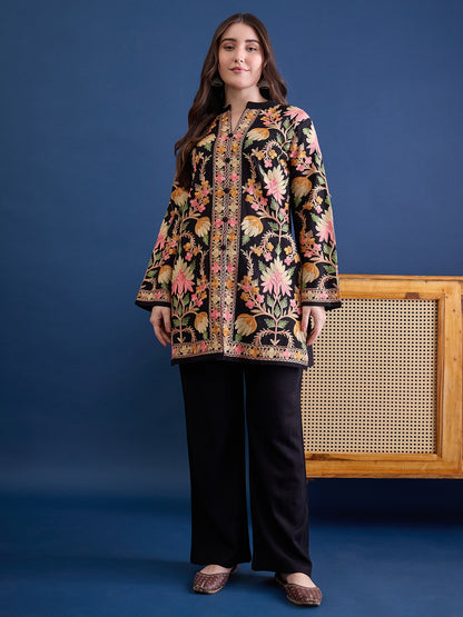 Women’S Embroidered Woolen Kurta With Straight-Fit Pants Co-Set Black