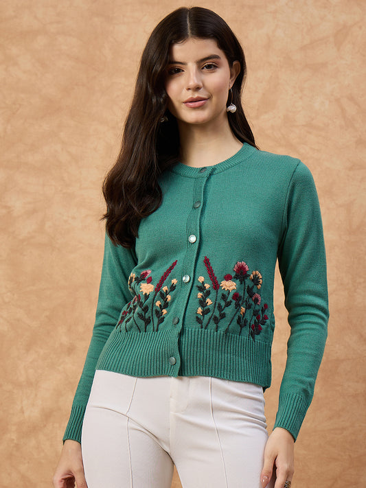 Clapton Women’s Sea Green Knitted Floral Embroidered Cardigan 6110