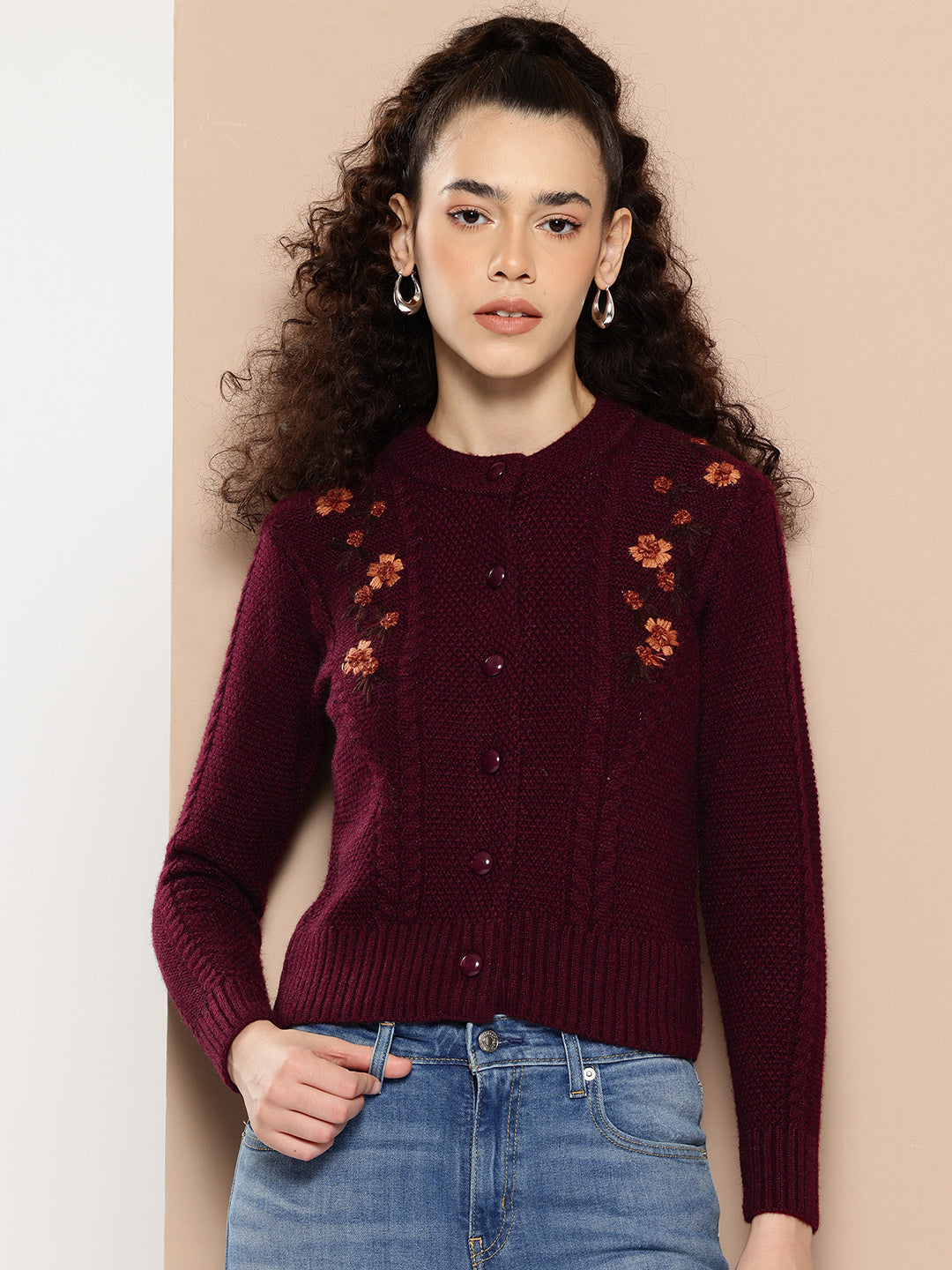 Wool Knit Crop Cardigan With Embroidery