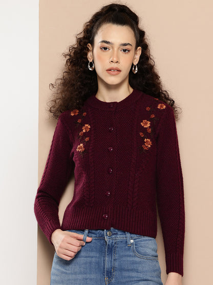 Wool Knit Crop Cardigan With Embroidery