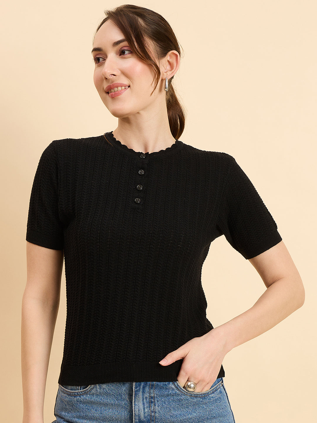 Clapton Women Knitted  Round Neck  T-shirt Black
