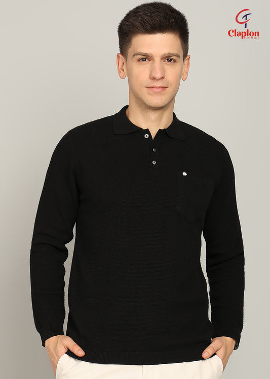 Clapton Men Knitted  Cotton Summer Wear Round Neck Half Sleeve T-Shirt Black
