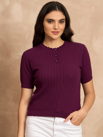 Clapton Women Knitted  Round Neck  T-shirt Purple -3105