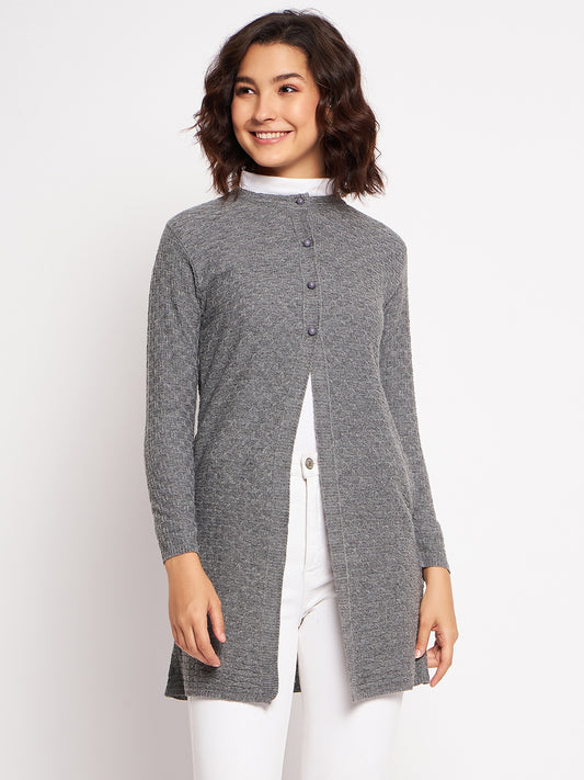 Wool Blend Round Neck Grey Long Shrug