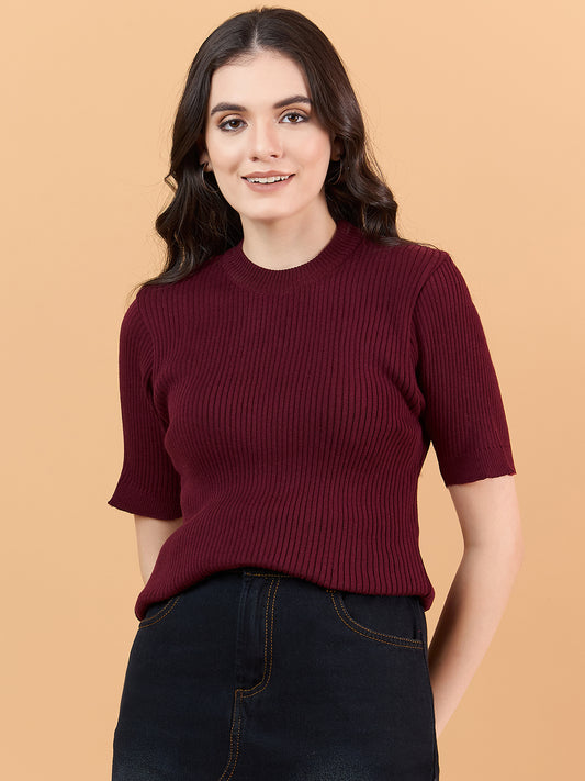 Ladies Short Sleeve Knitted cotton  T Shirt solid Color Maroon
