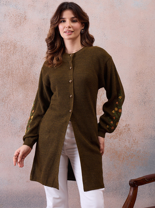 Women’s Longline Ribbed Knit Cardigan with Embroidered Sleeves – MEHNDI