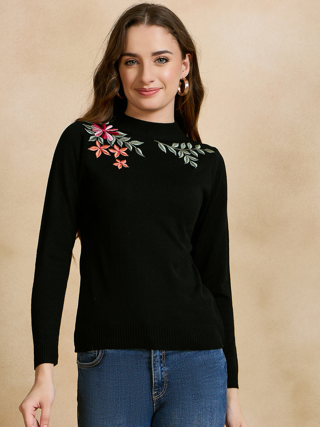 Floral Embroidered Array work Pullover Sweater for women Black