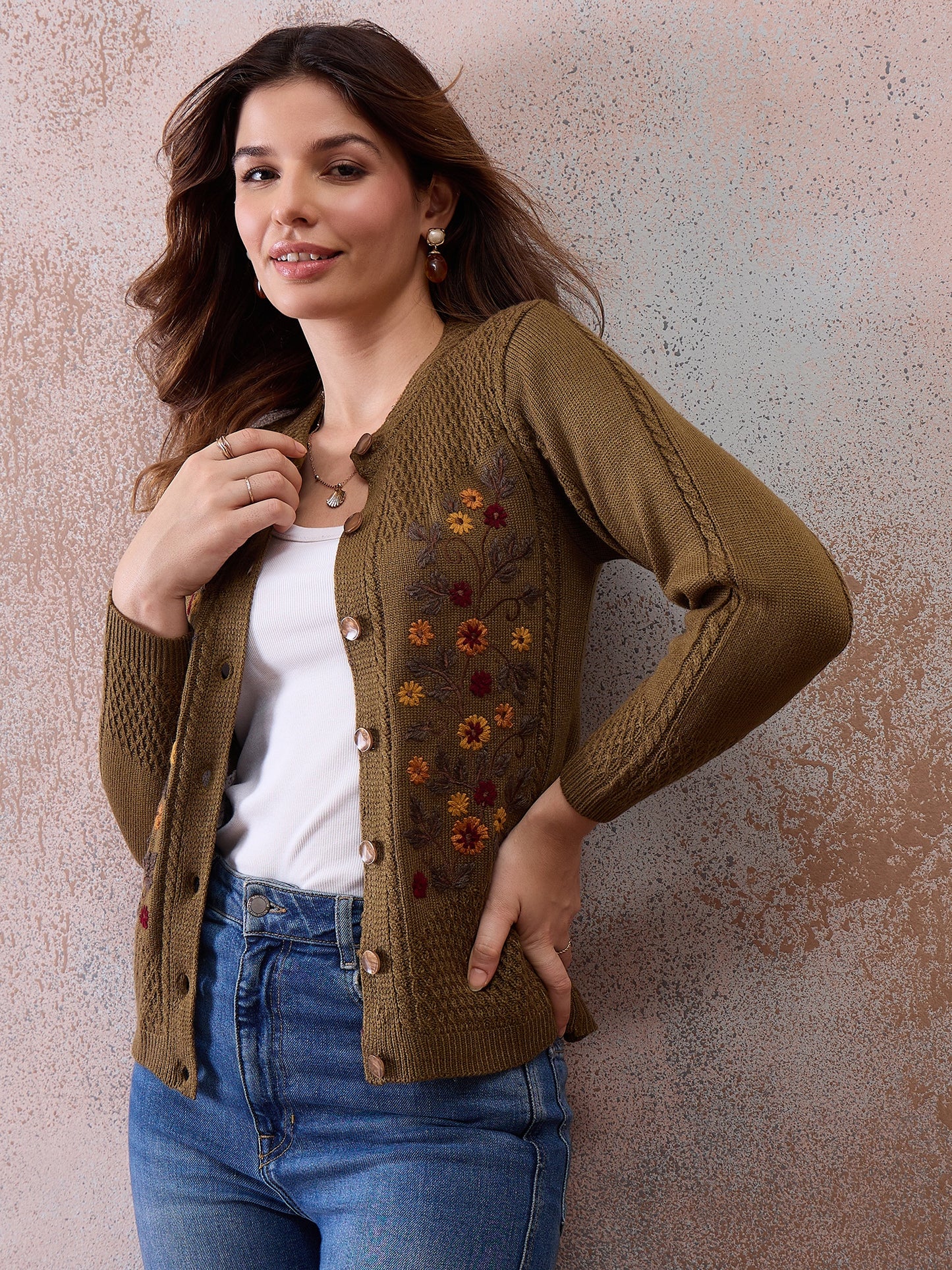 Women’s Floral Embroidered Button-Front Knit Cardigan Mouse