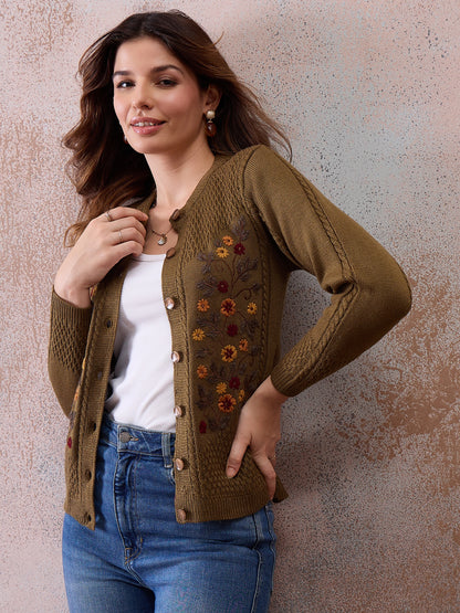 Women’s Floral Embroidered Button-Front Knit Cardigan Mouse