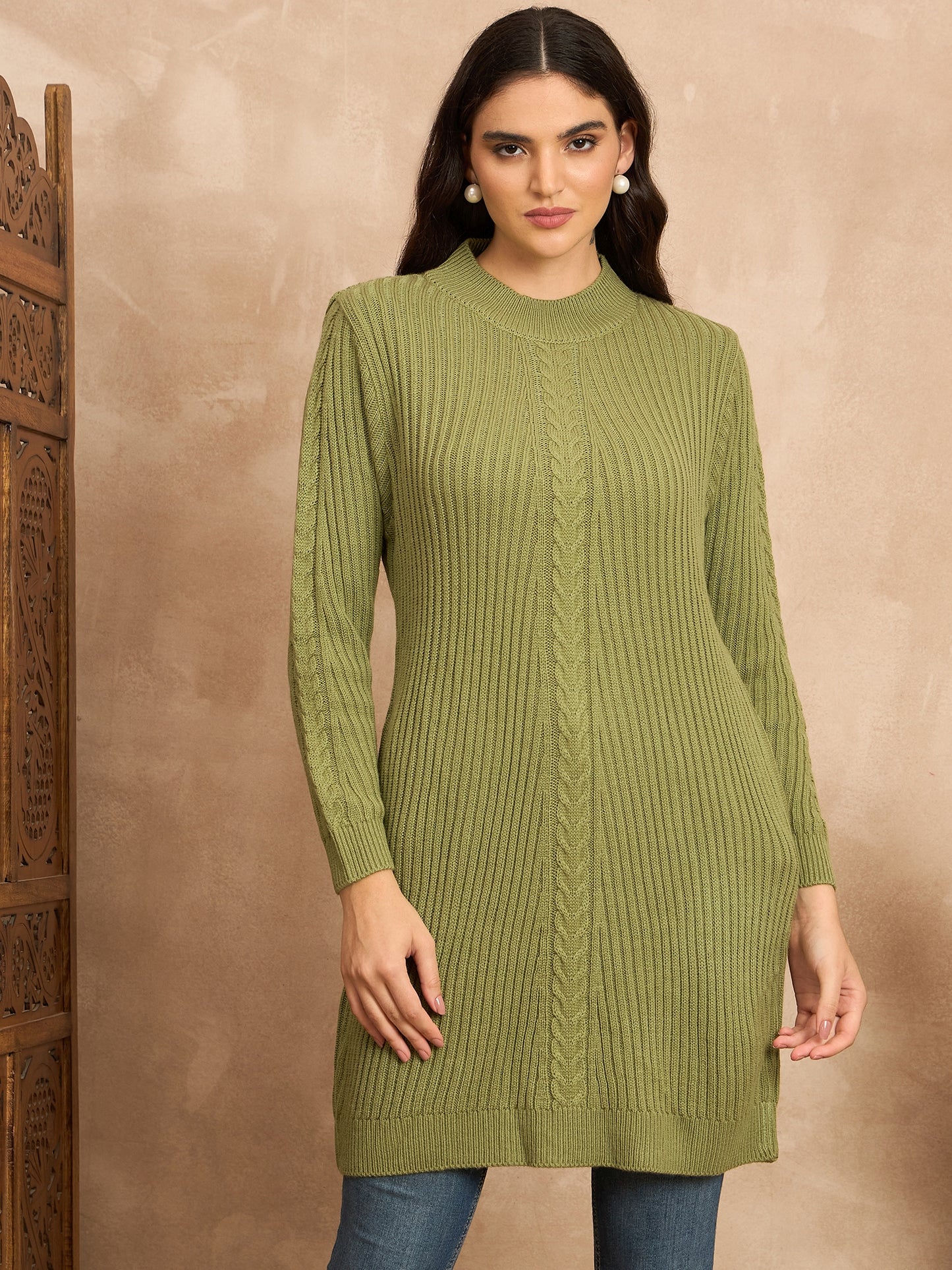 CLAPTON Women’s Wool Blend Ribbed Knit Tunic Sweater with Mock Neck & Full Sleeves Green
