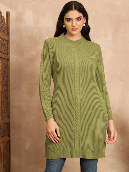 CLAPTON Women’s Wool Blend Ribbed Knit Tunic Sweater with Mock Neck & Full Sleeves Green