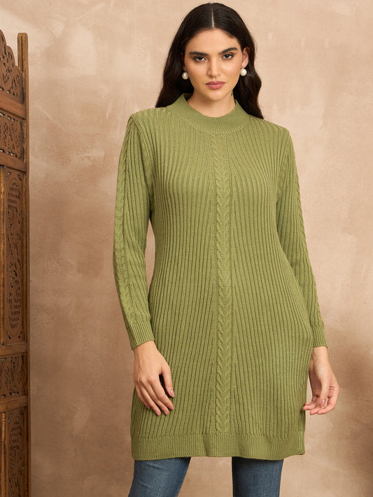 CLAPTON Women’s Wool Blend Ribbed Knit Tunic Sweater with Mock Neck & Full Sleeves Green