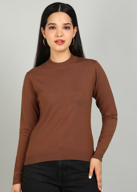 Women Solid Color Round Neck Viscose T-Shirt Brown