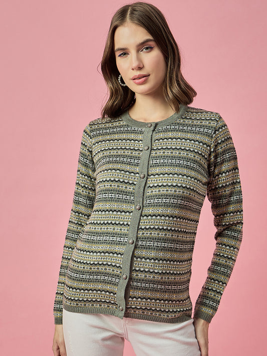 Women Grey Self Striped Round Neck Cardigan