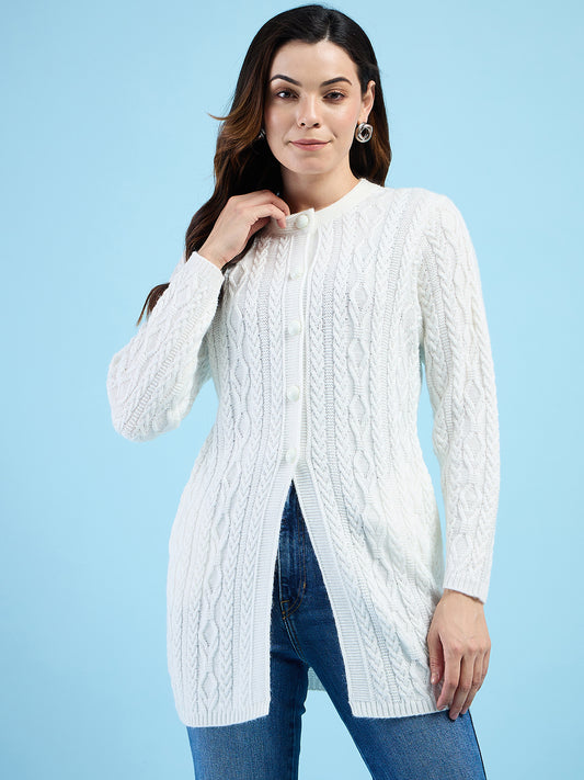 Clapton Cable Knit  Design Woolen  Longline Cardigan Sweater for women and Girls White