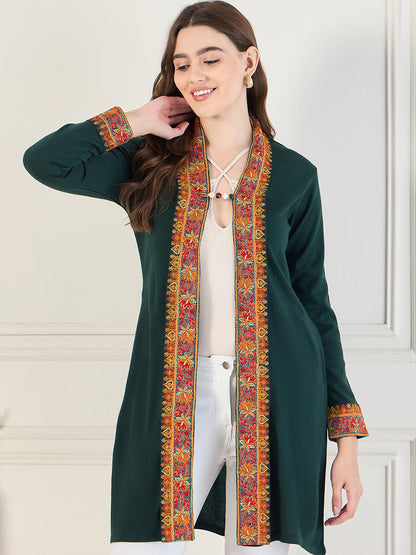 Women's Green Embroidered Sleeves, Floral Pattern, Winter Wear, Open Neck Shrug