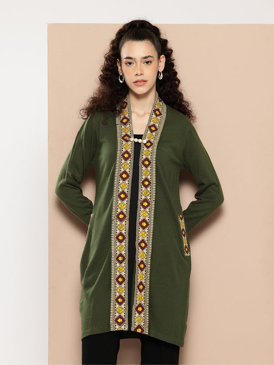 Women's  Embroidered Sleeves, Floral Pattern, Winter Wear, Open Neck Shrug Green Mehndi