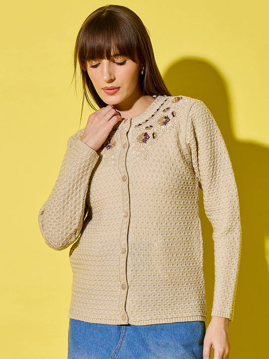 Embroidery Woolen Sleeveless Cardigan