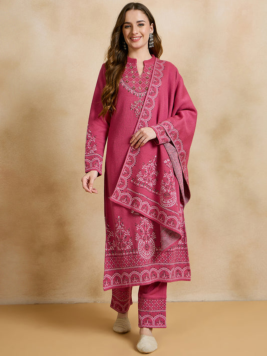 Clapton Embroidered Straight Kurta Pant With Dupatta Set Pink