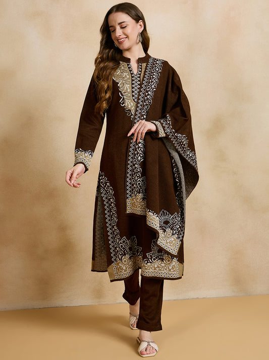 Clapton Embroidered Straight Kurta Pant With Dupatta Set Brown