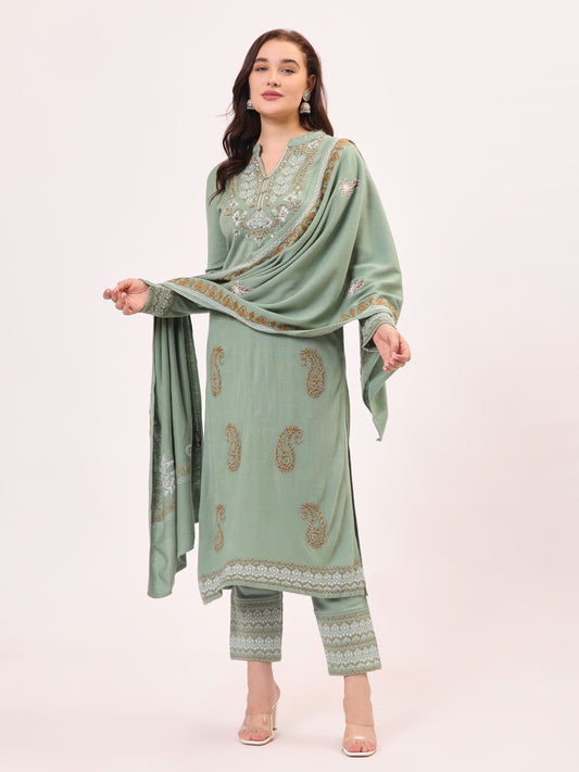 Clapton Pure Wool Winter Wear Embroidered Straight Kurta Pant With Dupatta Set Pista