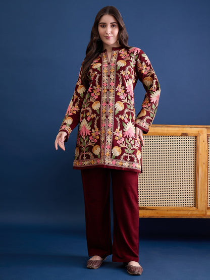 Women’S Embroidered Woolen Kurta With Straight-Fit Pants Co-Set Mehroon