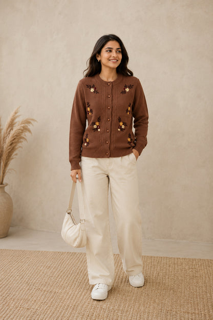 Women'S  Floral Embroidered Knit Cardigan, Round Neck, Button-Front, Long Sleeve Sweater Brown