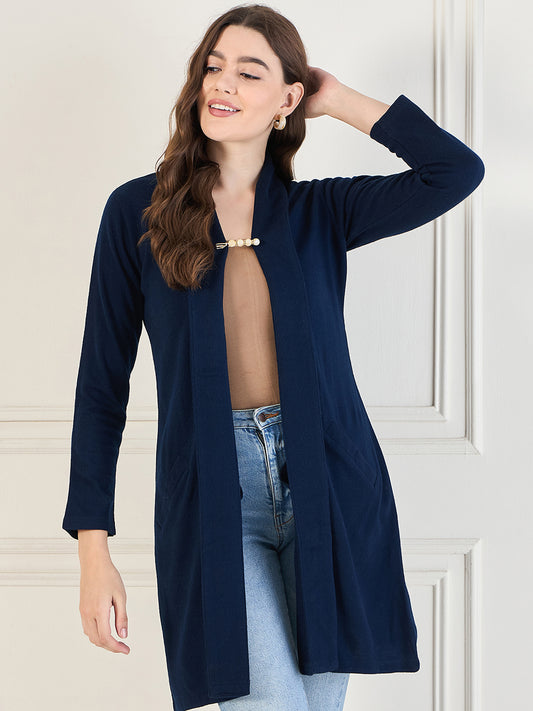Women's Navy Blue open neck long Sleeves, Knitted Winter Wear Shrug