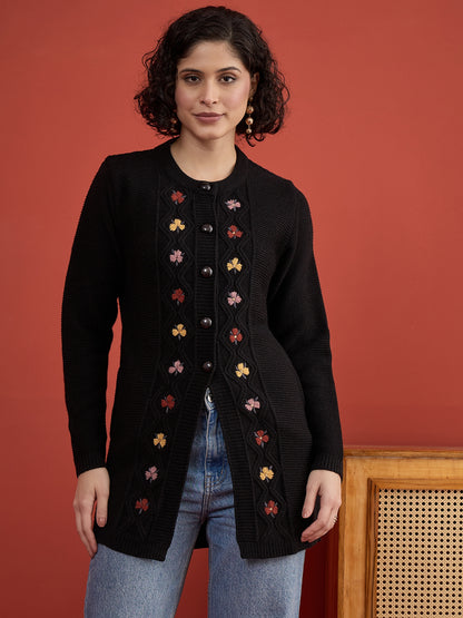 CLAPTON Women Floral Woolen Cardigan with Embroidered Black